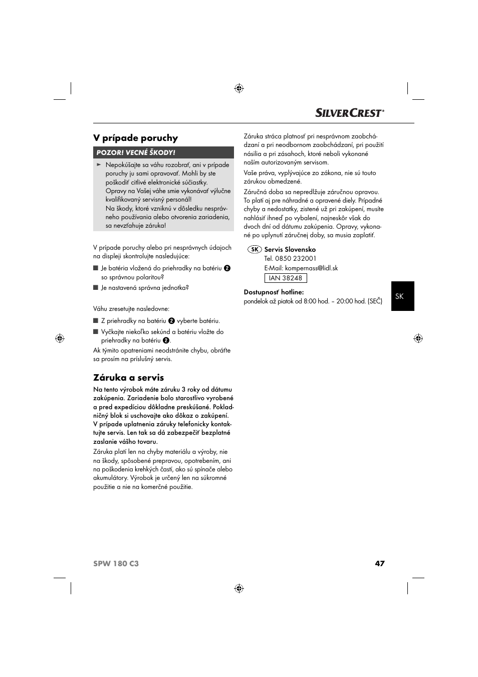V prípade poruchy, Záruka a servis | Silvercrest SPW 180 C3 User Manual | Page 50 / 60