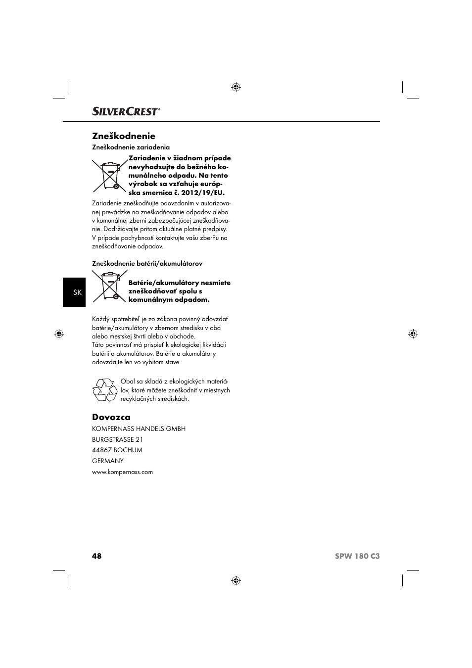 Zneškodnenie, Dovozca | Silvercrest SPW 180 C3 User Manual | Page 51 / 60