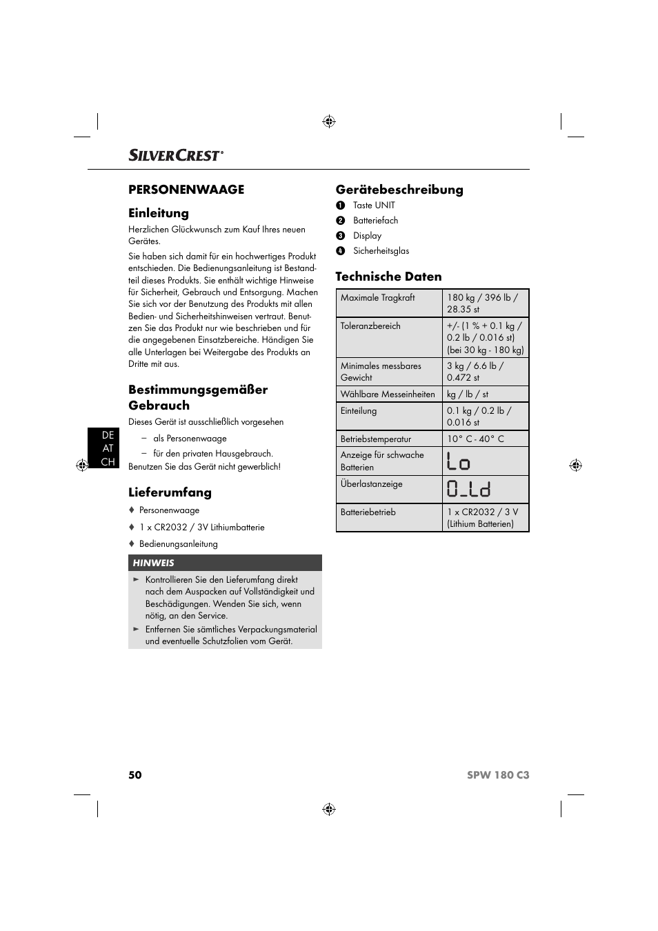 Personenwaage einleitung, Bestimmungsgemäßer gebrauch, Lieferumfang | Gerätebeschreibung, Technische daten | Silvercrest SPW 180 C3 User Manual | Page 53 / 60