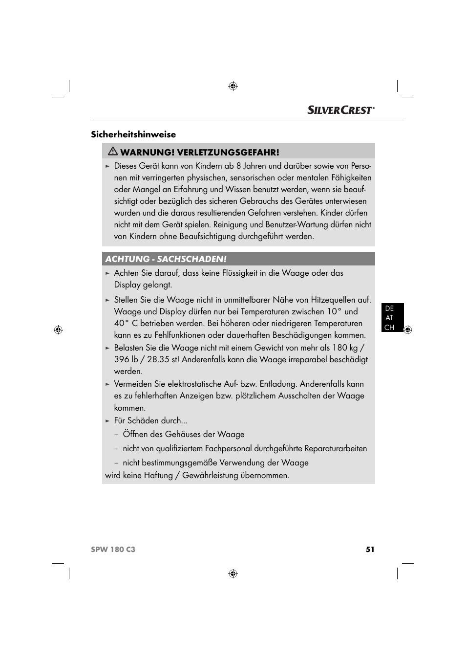Sicherheitshinweise warnung! verletzungsgefahr, Für schäden durch, Öﬀ nen des gehäuses der waage | Silvercrest SPW 180 C3 User Manual | Page 54 / 60