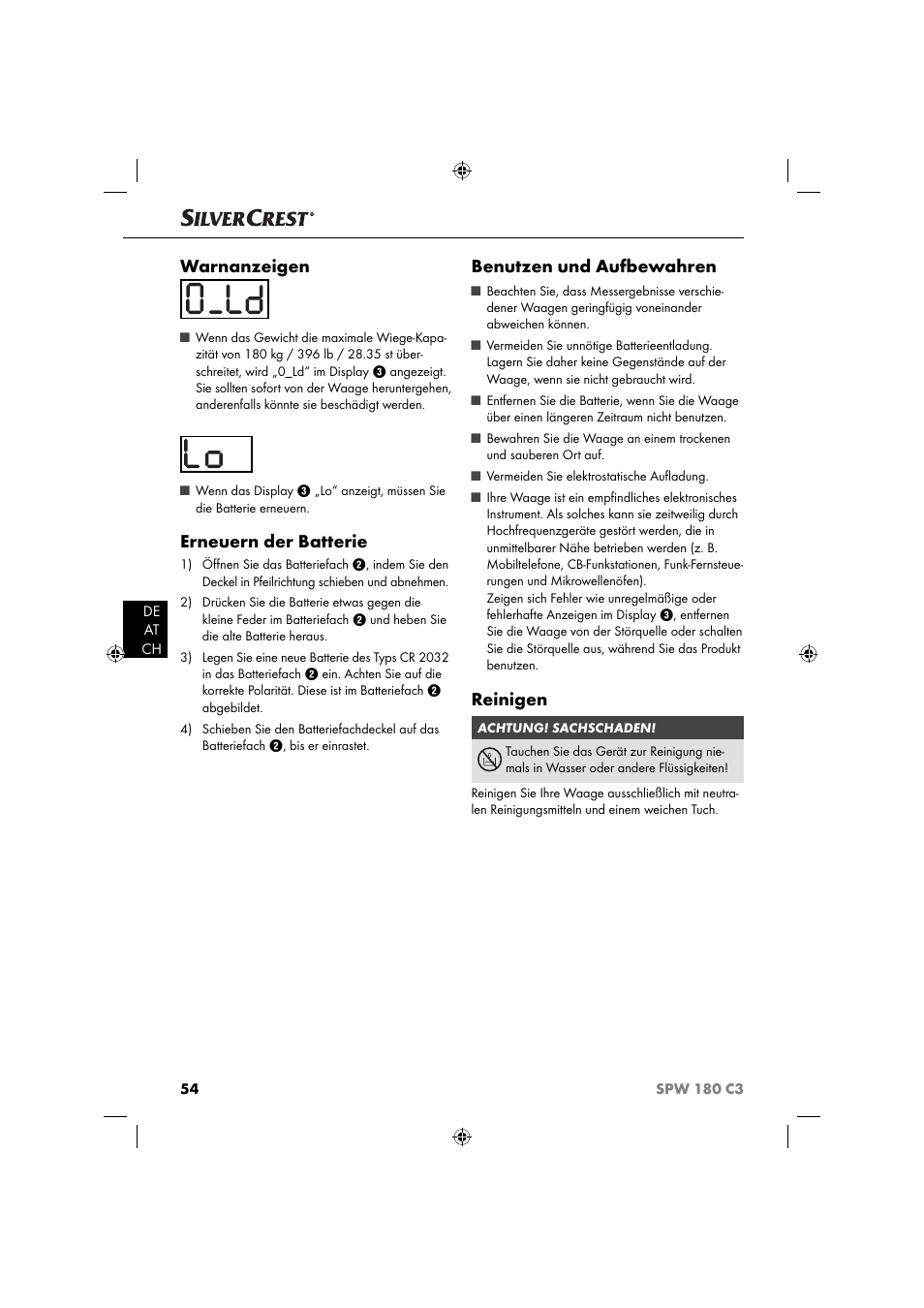 Warnanzeigen, Erneuern der batterie, Benutzen und aufbewahren | Reinigen | Silvercrest SPW 180 C3 User Manual | Page 57 / 60