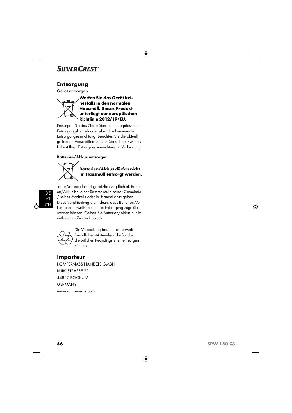 Entsorgung, Importeur | Silvercrest SPW 180 C3 User Manual | Page 59 / 60