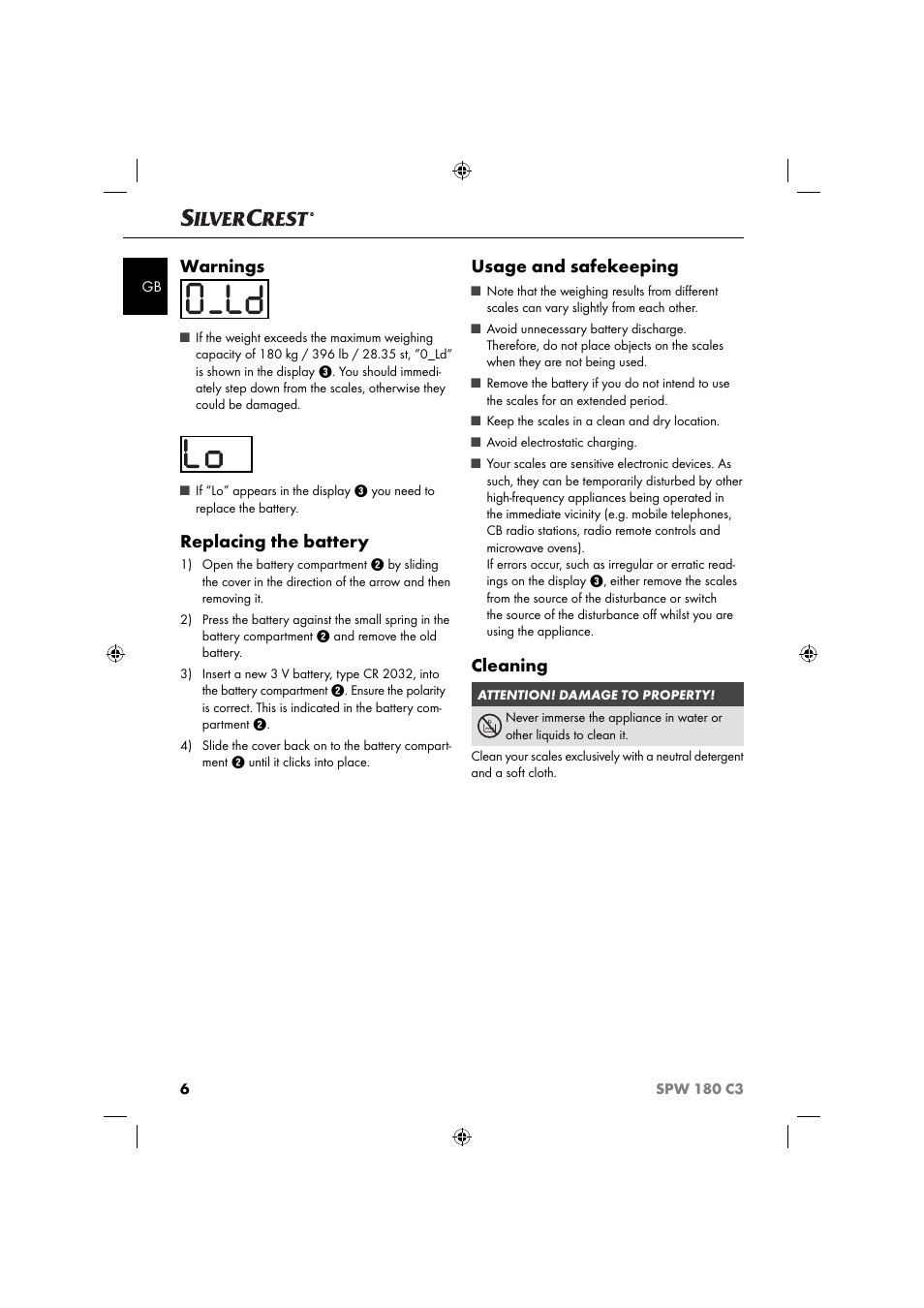 Warnings, Replacing the battery, Usage and safekeeping | Cleaning | Silvercrest SPW 180 C3 User Manual | Page 9 / 60