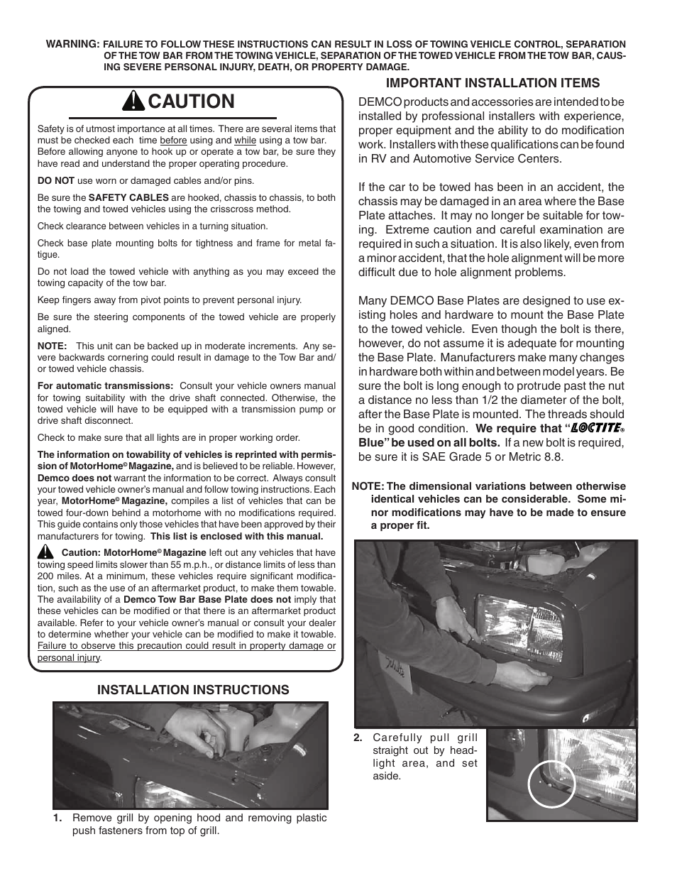 Caution, Important installation items, Installation instructions | Demco TP20080 User Manual | Page 2 / 12