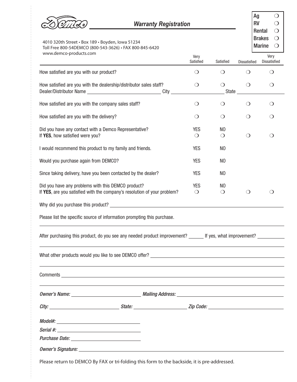 Warranty registration | Demco TP20080 User Manual | Page 7 / 12