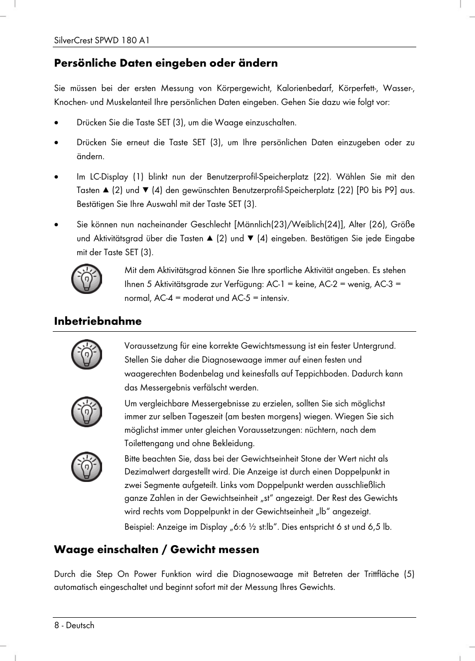 Persönliche daten eingeben oder ändern, Inbetriebnahme, Waage einschalten / gewicht messen | Silvercrest SPWD 180 A1 User Manual | Page 10 / 60