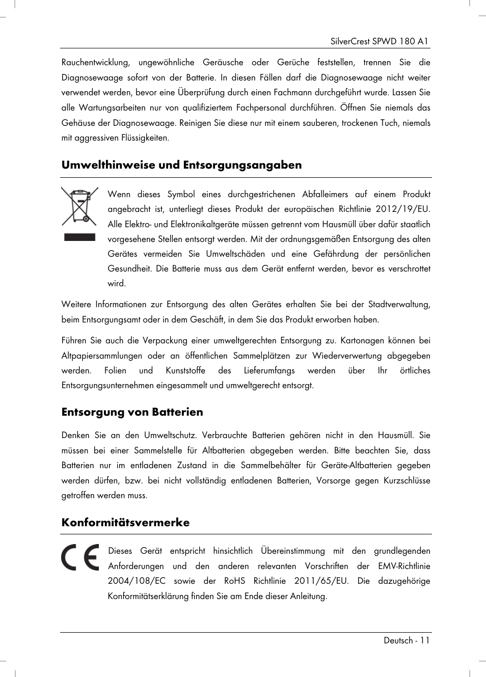 Umwelthinweise und entsorgungsangaben, Entsorgung von batterien, Konformitätsvermerke | Silvercrest SPWD 180 A1 User Manual | Page 13 / 60