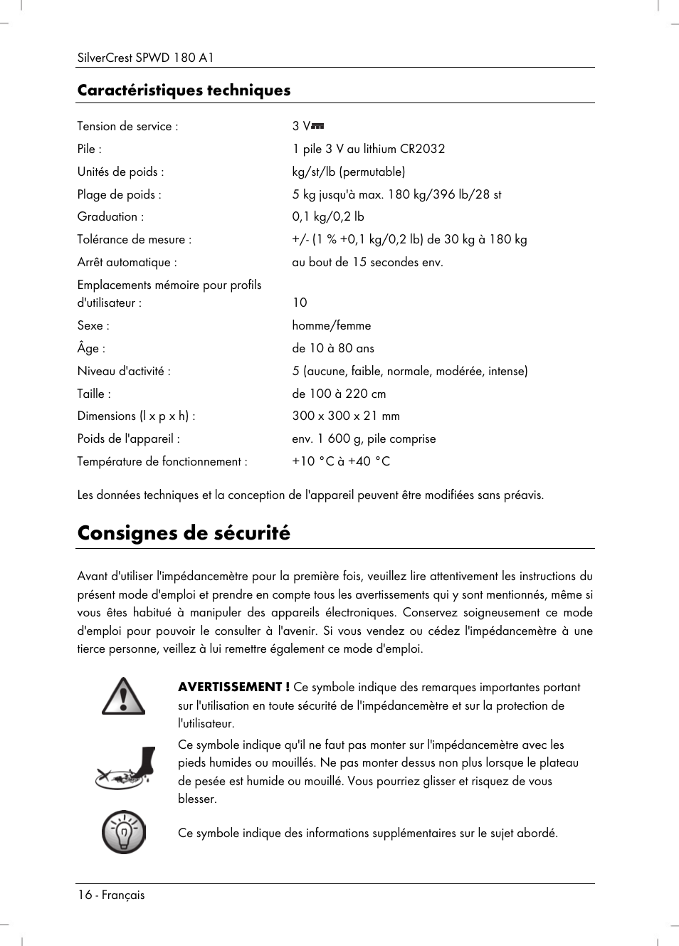 Consignes de sécurité, Caractéristiques techniques | Silvercrest SPWD 180 A1 User Manual | Page 18 / 60