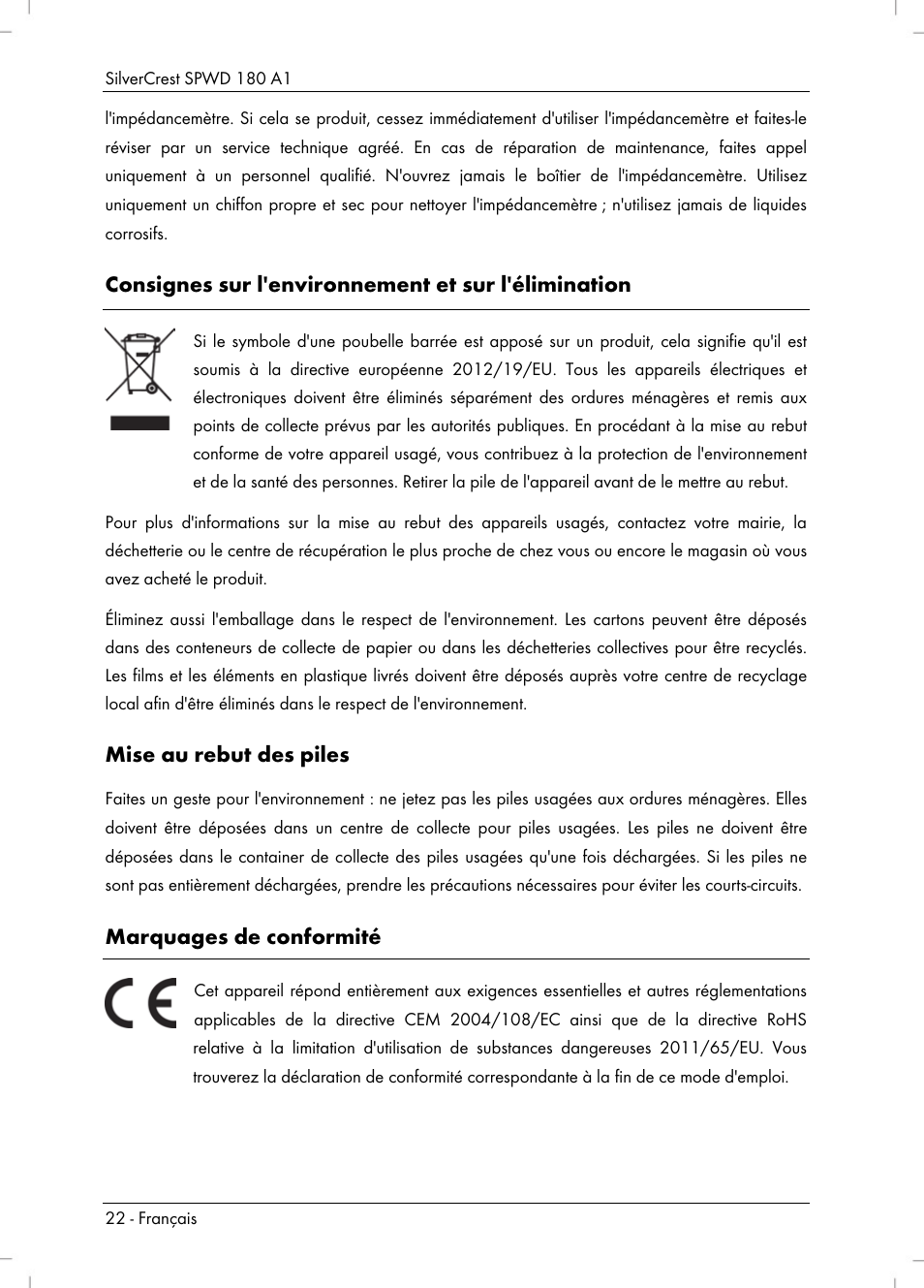 Consignes sur l'environnement et sur l'élimination, Mise au rebut des piles, Marquages de conformité | Silvercrest SPWD 180 A1 User Manual | Page 24 / 60