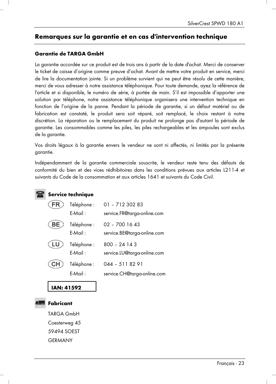 Silvercrest spwd 180 a1, Français - 23 | Silvercrest SPWD 180 A1 User Manual | Page 25 / 60
