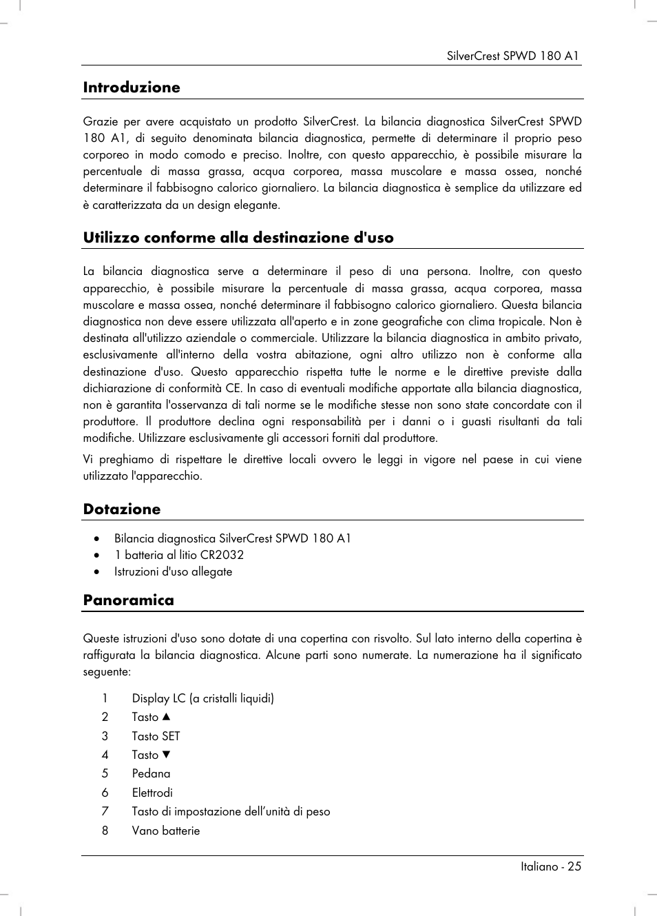 Introduzione, Utilizzo conforme alla destinazione d'uso, Dotazione | Panoramica | Silvercrest SPWD 180 A1 User Manual | Page 27 / 60