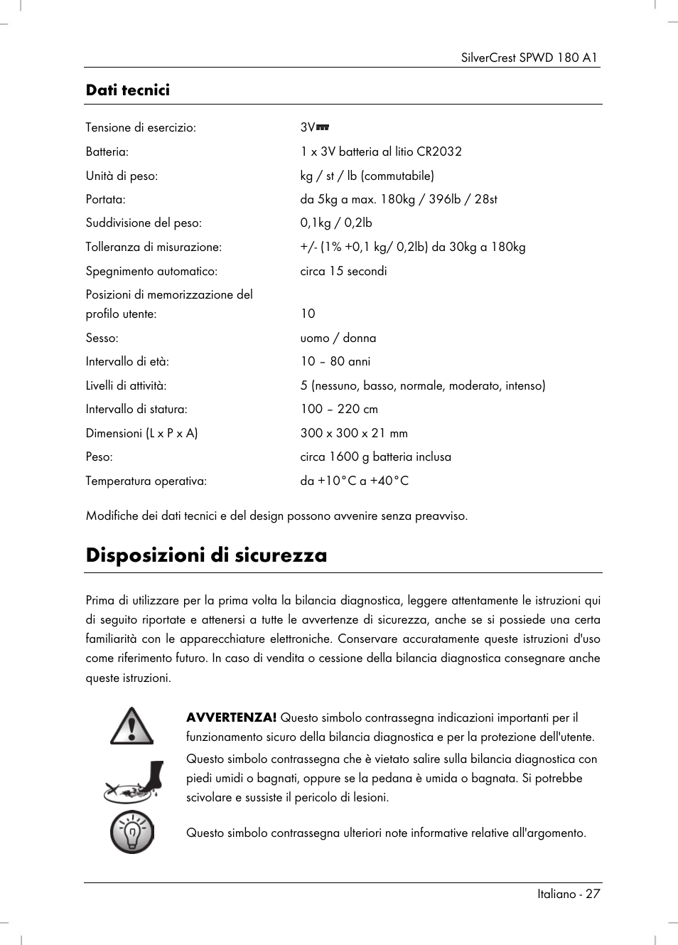 Disposizioni di sicurezza, Dati tecnici | Silvercrest SPWD 180 A1 User Manual | Page 29 / 60