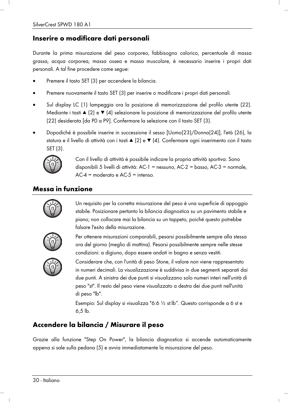 Inserire o modificare dati personali, Messa in funzione, Accendere la bilancia / misurare il peso | Silvercrest SPWD 180 A1 User Manual | Page 32 / 60