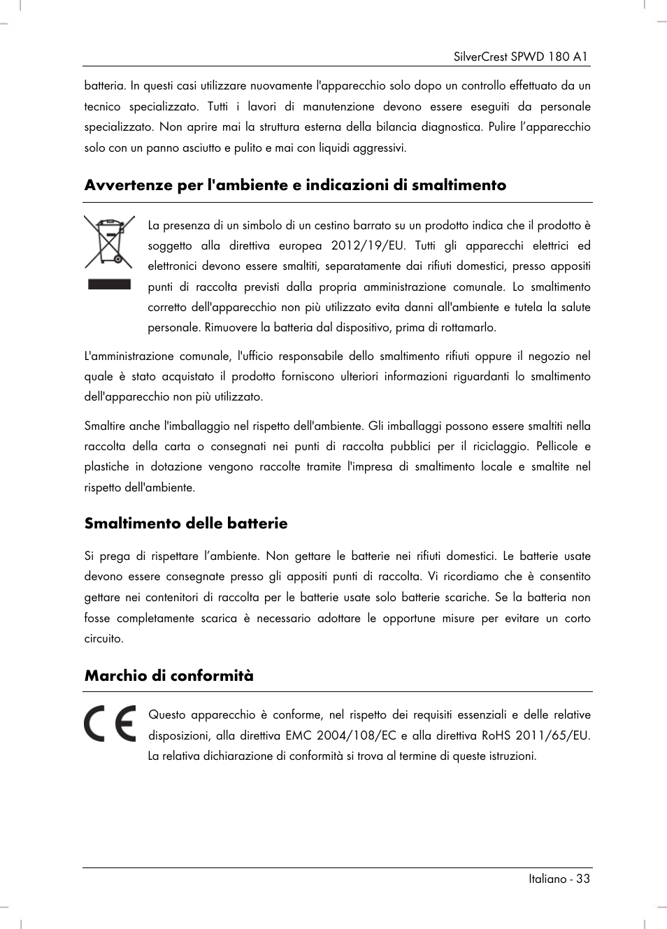 Smaltimento delle batterie, Marchio di conformità | Silvercrest SPWD 180 A1 User Manual | Page 35 / 60