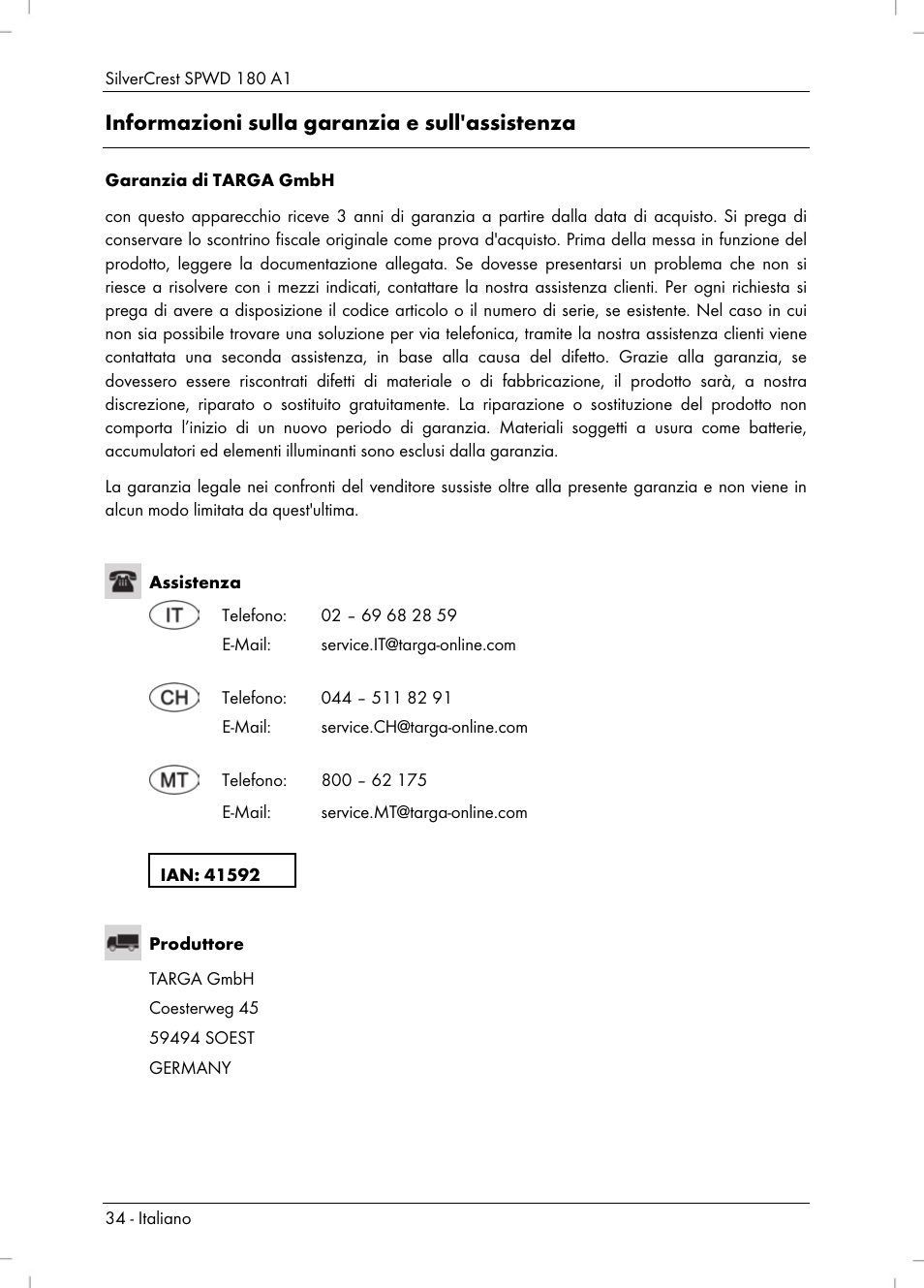 Informazioni sulla garanzia e sull'assistenza | Silvercrest SPWD 180 A1 User Manual | Page 36 / 60