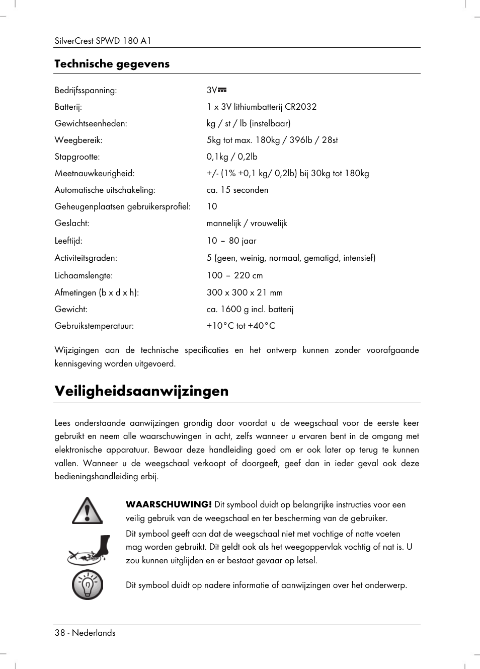 Veiligheidsaanwijzingen, Technische gegevens | Silvercrest SPWD 180 A1 User Manual | Page 40 / 60