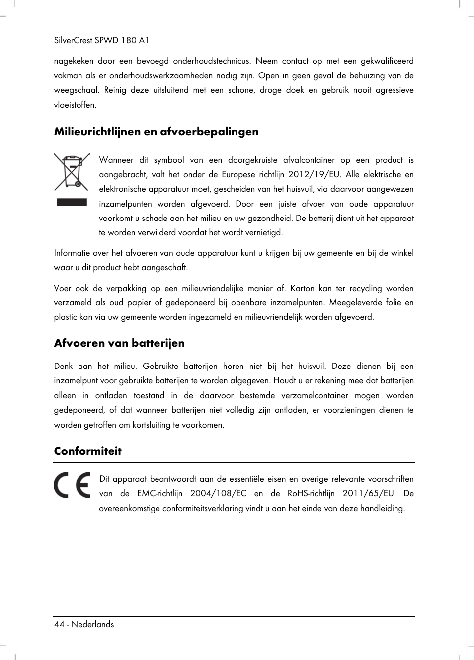 Milieurichtlijnen en afvoerbepalingen, Afvoeren van batterijen, Conformiteit | Silvercrest SPWD 180 A1 User Manual | Page 46 / 60