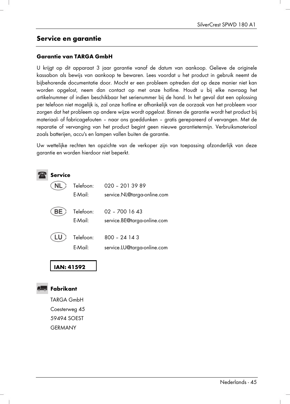 Service en garantie | Silvercrest SPWD 180 A1 User Manual | Page 47 / 60