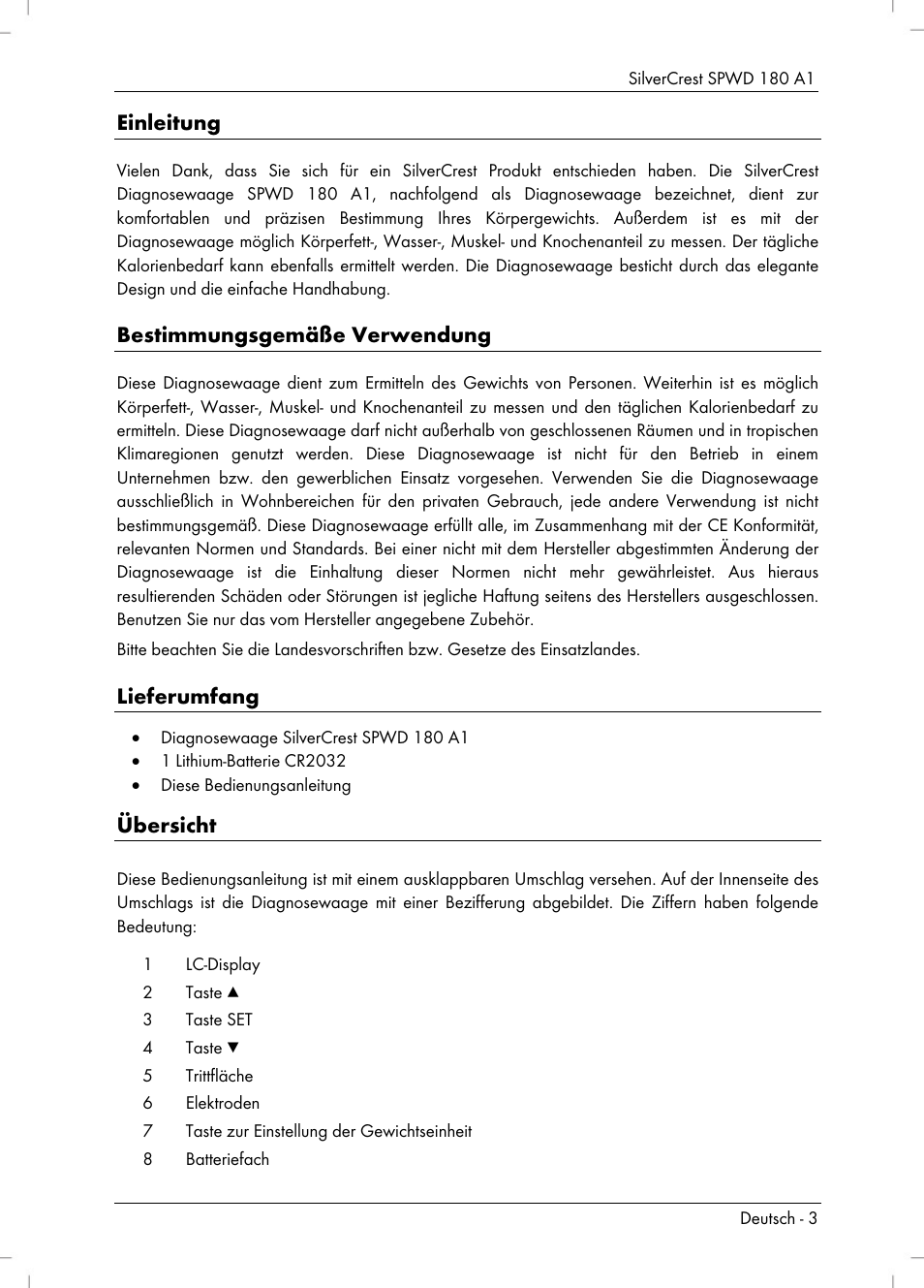 Einleitung, Bestimmungsgemäße verwendung, Lieferumfang | Übersicht | Silvercrest SPWD 180 A1 User Manual | Page 5 / 60