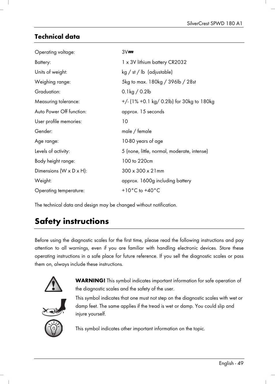 Safety instructions, Technical data | Silvercrest SPWD 180 A1 User Manual | Page 51 / 60