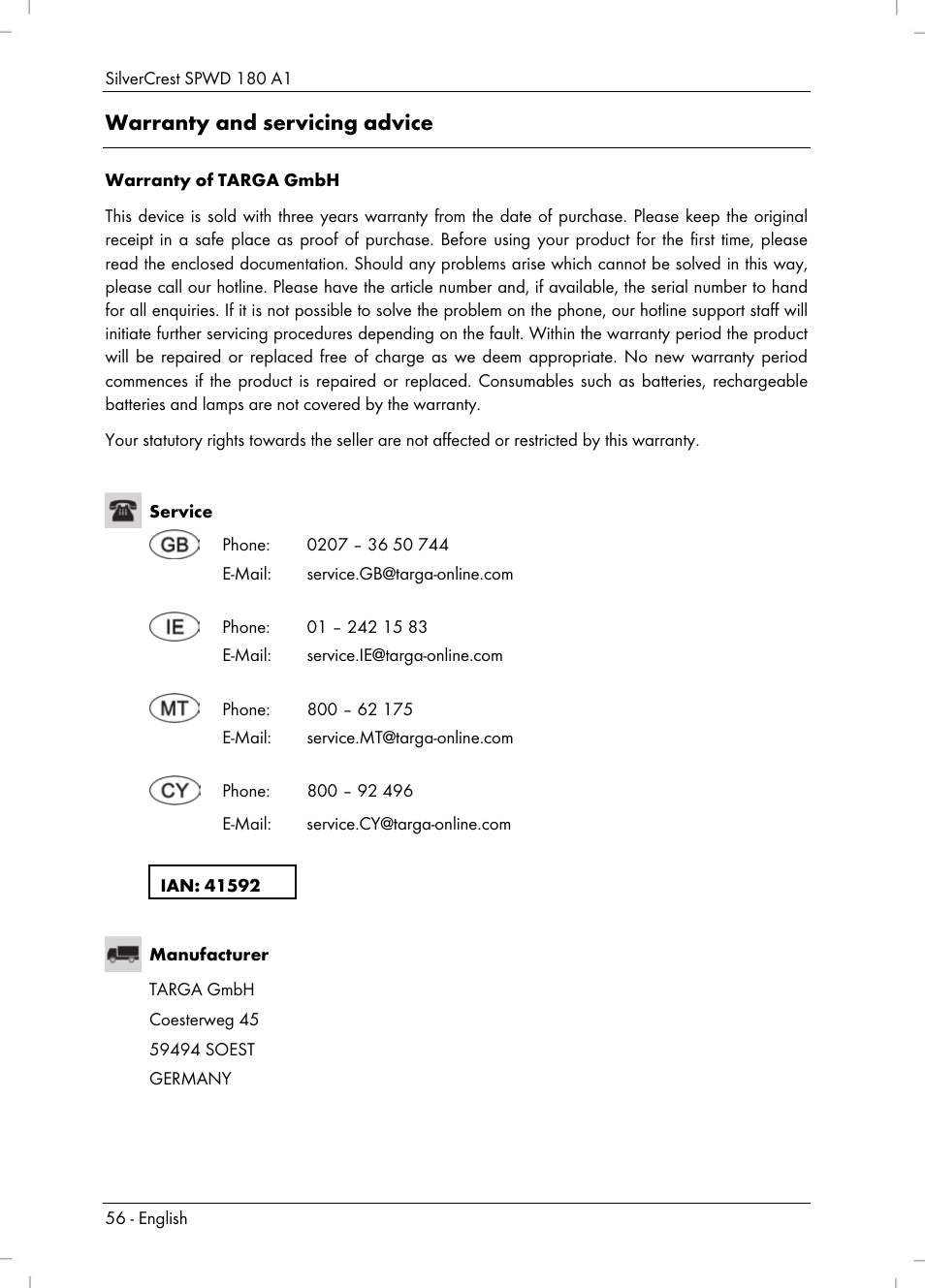 Warranty and servicing advice | Silvercrest SPWD 180 A1 User Manual | Page 58 / 60