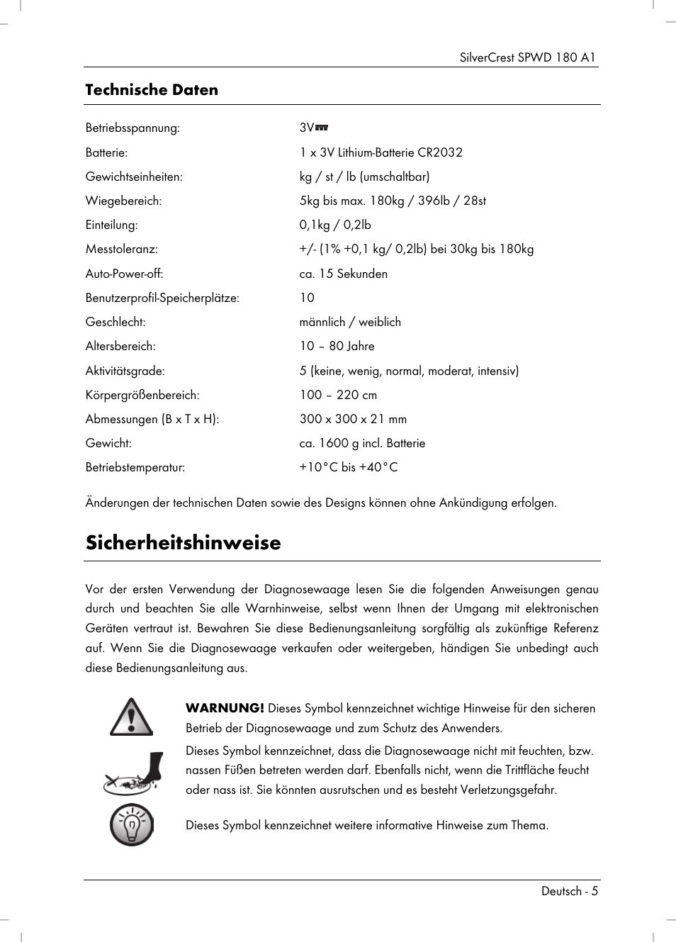 Sicherheitshinweise, Technische daten | Silvercrest SPWD 180 A1 User Manual | Page 7 / 60