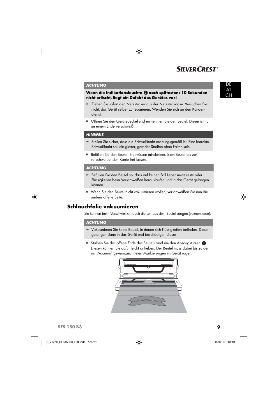 Schlauchfolie vakuumieren, De at ch | Silvercrest SFS 150 B3 User Manual | Page 11 / 86