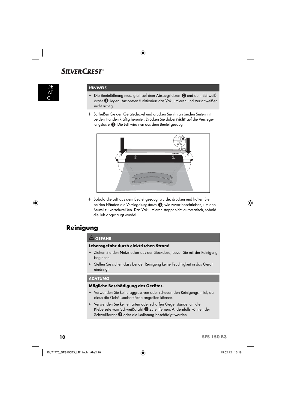 Reinigung, De at ch | Silvercrest SFS 150 B3 User Manual | Page 12 / 86