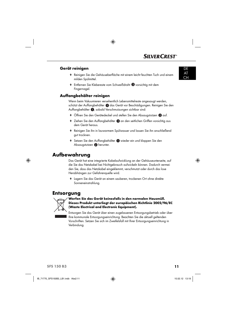 Aufbewahrung, Entsorgung, De at ch gerät reinigen | Auﬀ angbehälter reinigen | Silvercrest SFS 150 B3 User Manual | Page 13 / 86