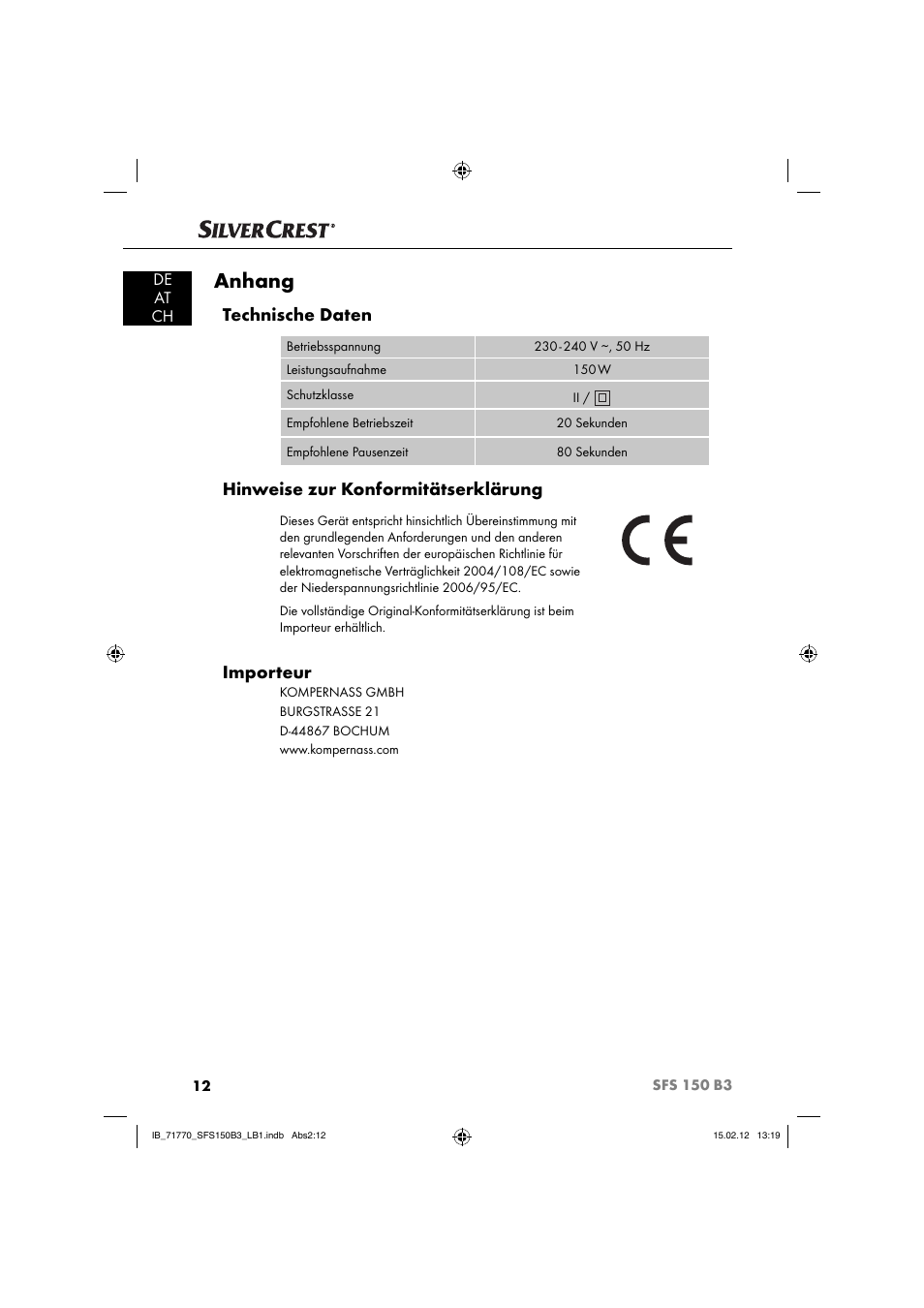 Anhang, Technische daten, Hinweise zur konformitätserklärung | Importeur | Silvercrest SFS 150 B3 User Manual | Page 14 / 86