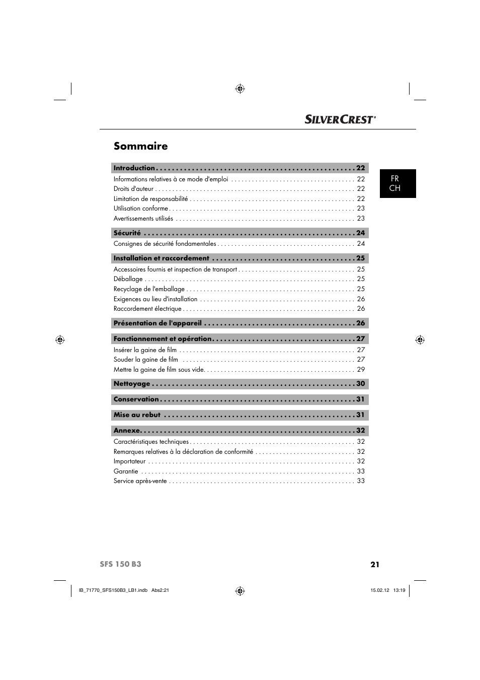 Sommaire, Fr ch | Silvercrest SFS 150 B3 User Manual | Page 23 / 86