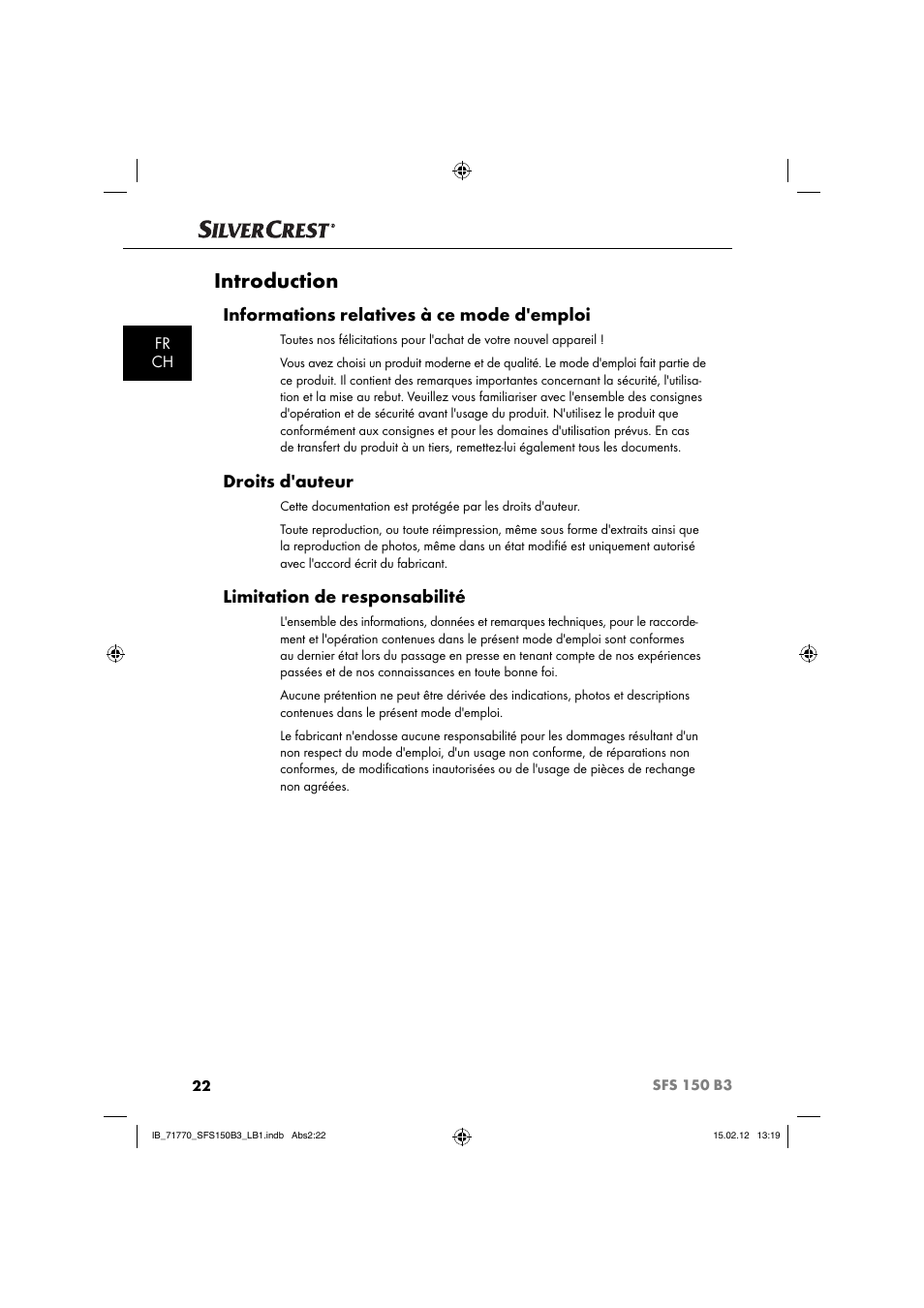 Introduction, Informations relatives à ce mode d'emploi, Droits d'auteur | Limitation de responsabilité | Silvercrest SFS 150 B3 User Manual | Page 24 / 86