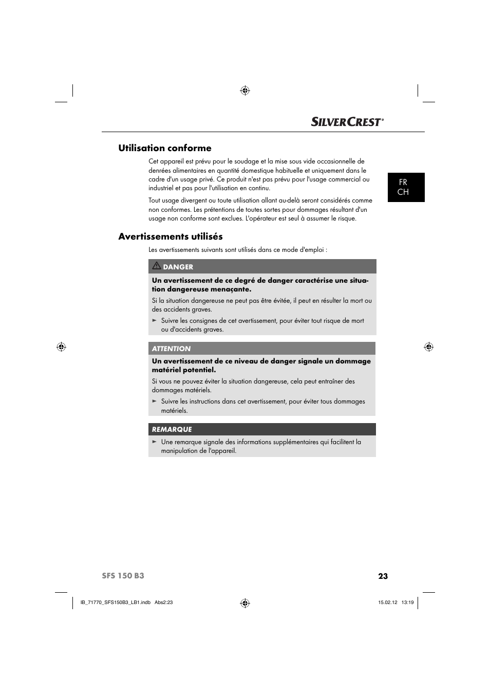 Utilisation conforme, Avertissements utilisés, Fr ch | Silvercrest SFS 150 B3 User Manual | Page 25 / 86