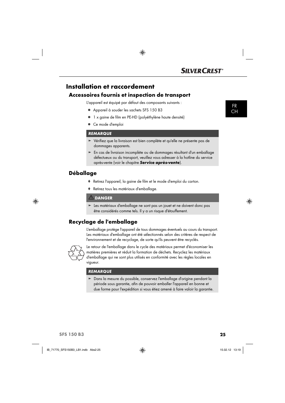 Installation et raccordement, Accessoires fournis et inspection de transport, Déballage | Recyclage de l'emballage, Fr ch | Silvercrest SFS 150 B3 User Manual | Page 27 / 86