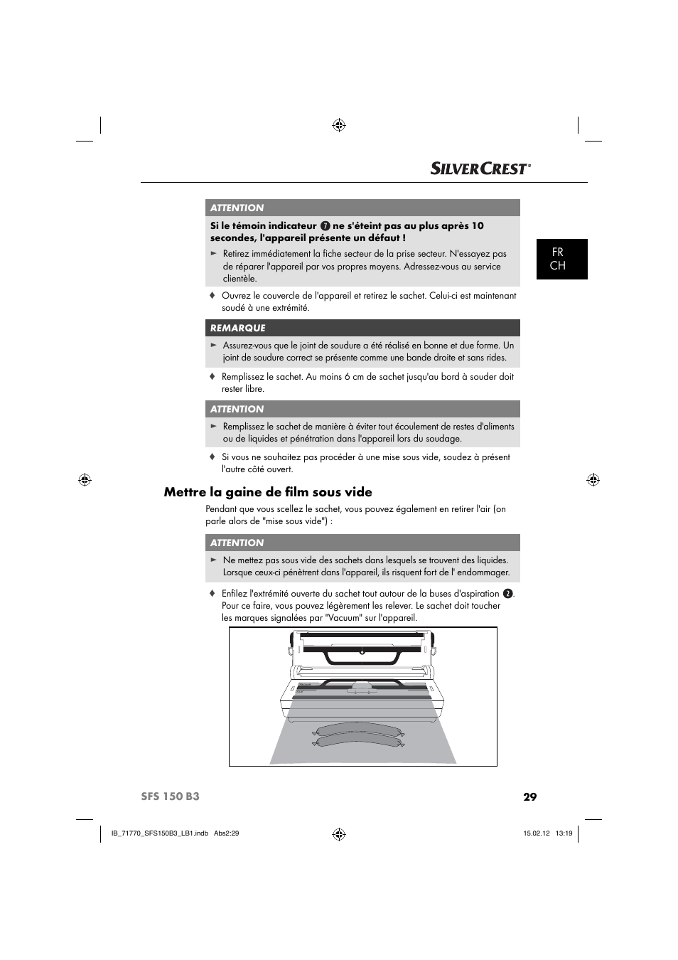 Mettre la gaine de ﬁ lm sous vide, Fr ch | Silvercrest SFS 150 B3 User Manual | Page 31 / 86