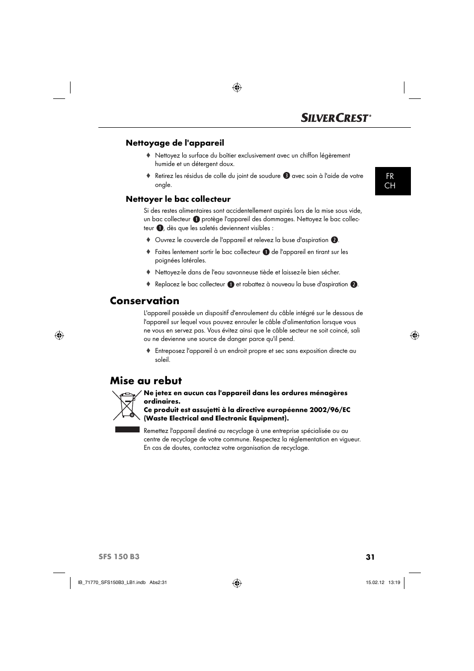 Conservation, Mise au rebut, Fr ch nettoyage de l'appareil | Nettoyer le bac collecteur | Silvercrest SFS 150 B3 User Manual | Page 33 / 86