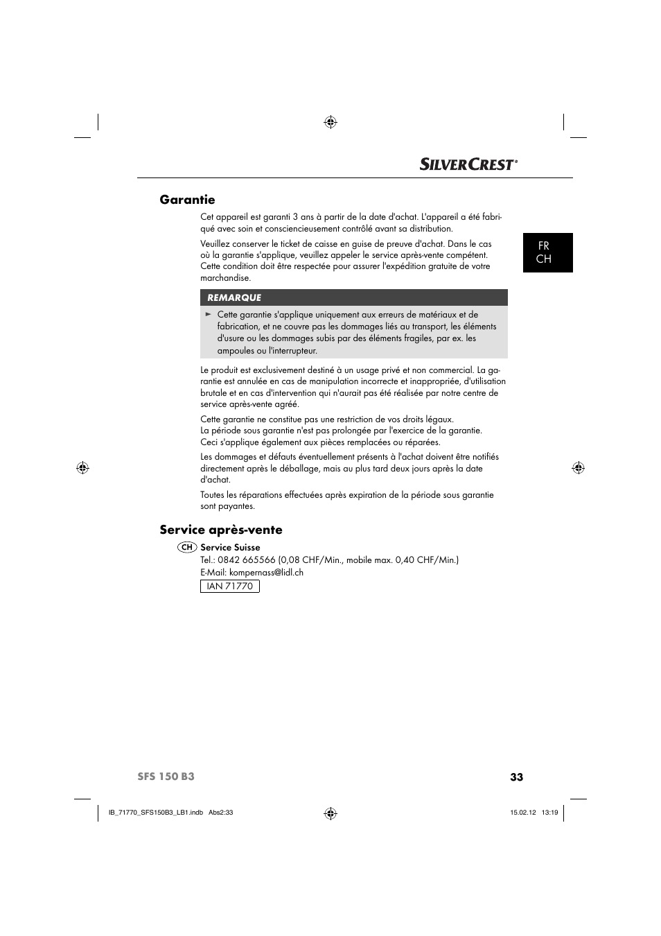 Garantie, Service après-vente, Fr ch | Silvercrest SFS 150 B3 User Manual | Page 35 / 86