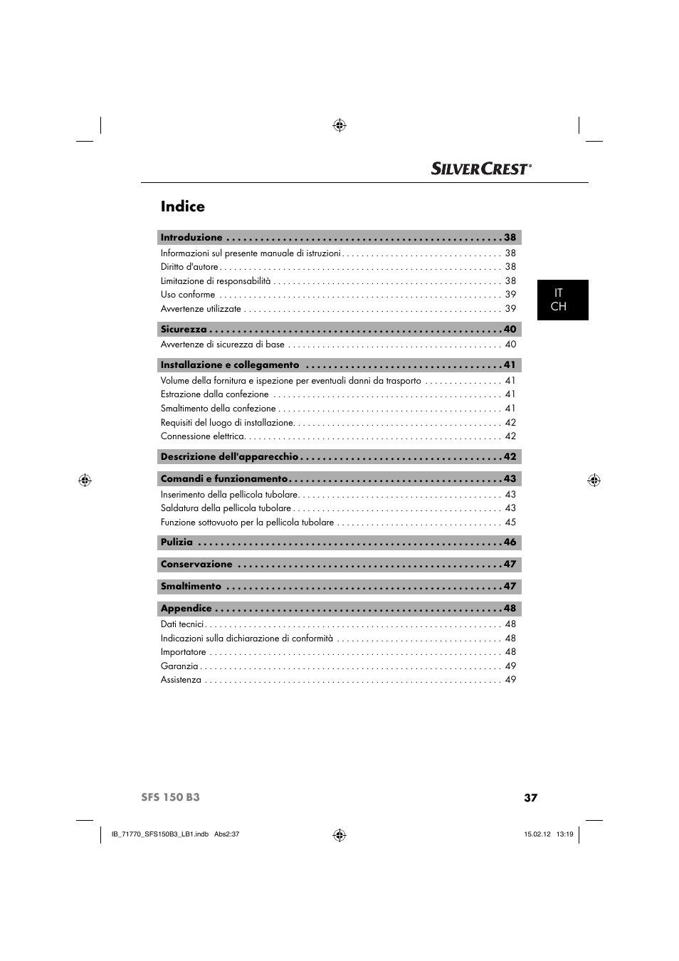 Indice, It ch | Silvercrest SFS 150 B3 User Manual | Page 39 / 86