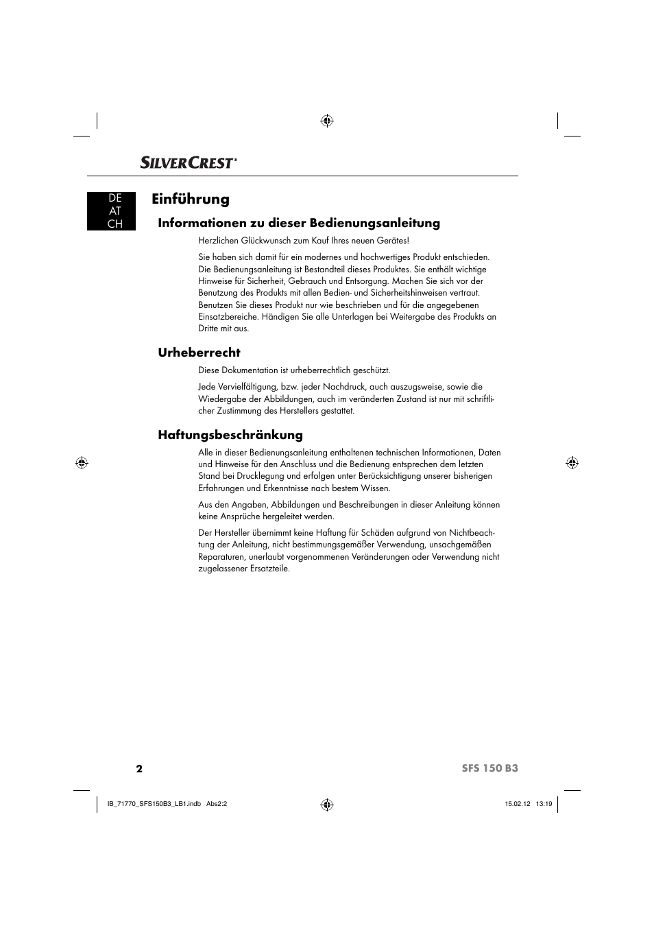 Einführung, Informationen zu dieser bedienungsanleitung, Urheberrecht | Haftungsbeschränkung | Silvercrest SFS 150 B3 User Manual | Page 4 / 86