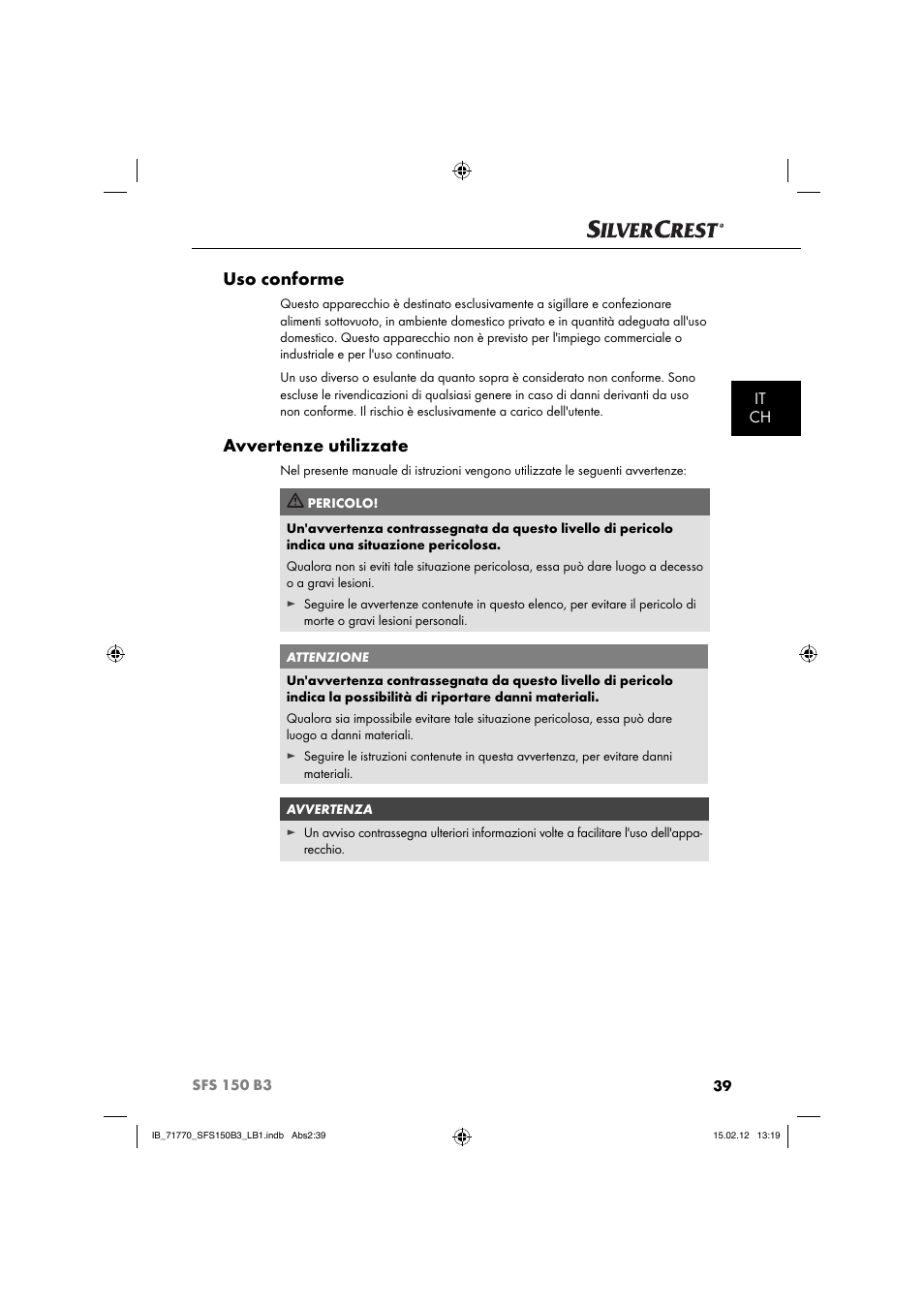 Uso conforme, Avvertenze utilizzate, It ch | Silvercrest SFS 150 B3 User Manual | Page 41 / 86