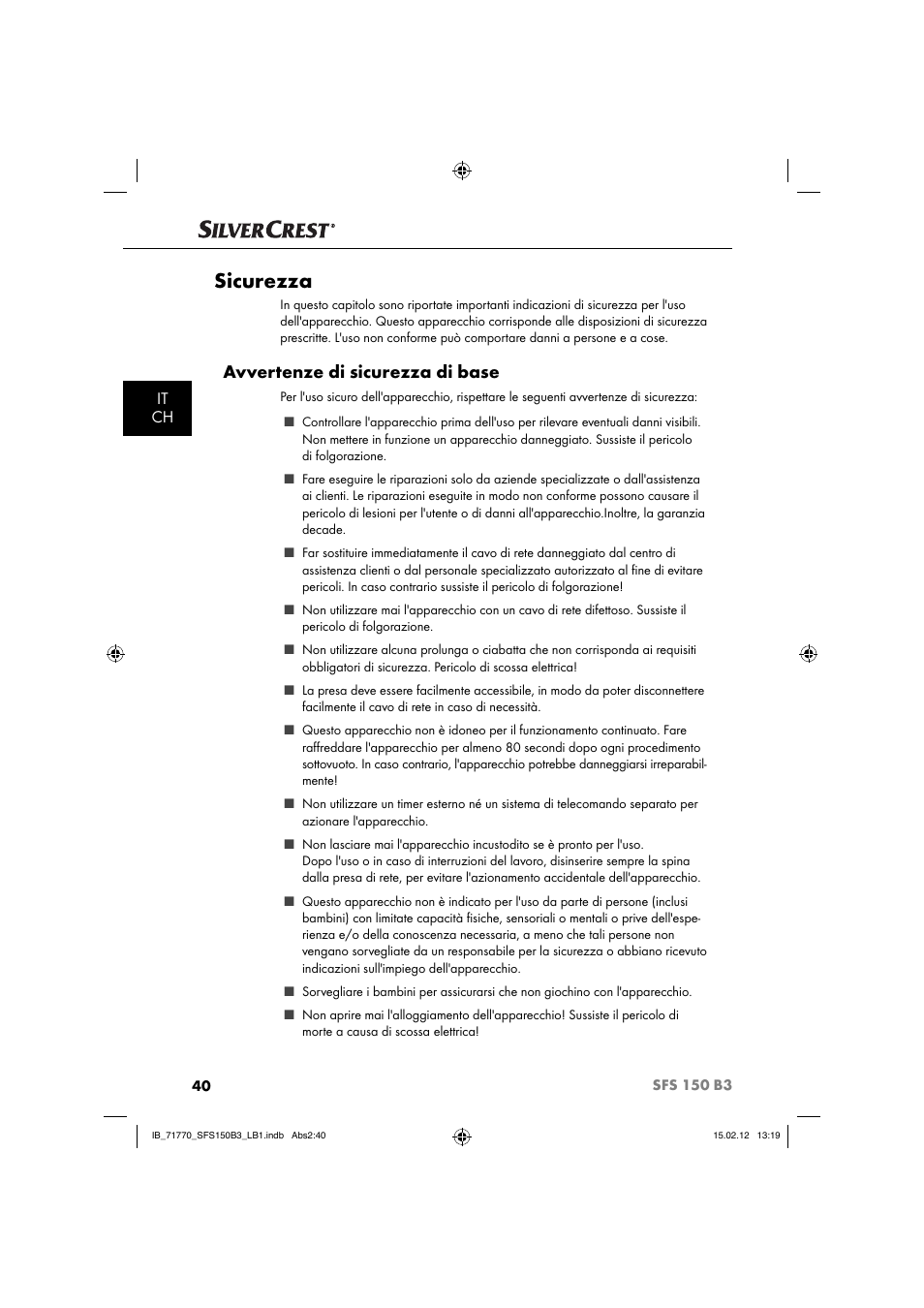 Sicurezza, Avvertenze di sicurezza di base, It ch | Silvercrest SFS 150 B3 User Manual | Page 42 / 86