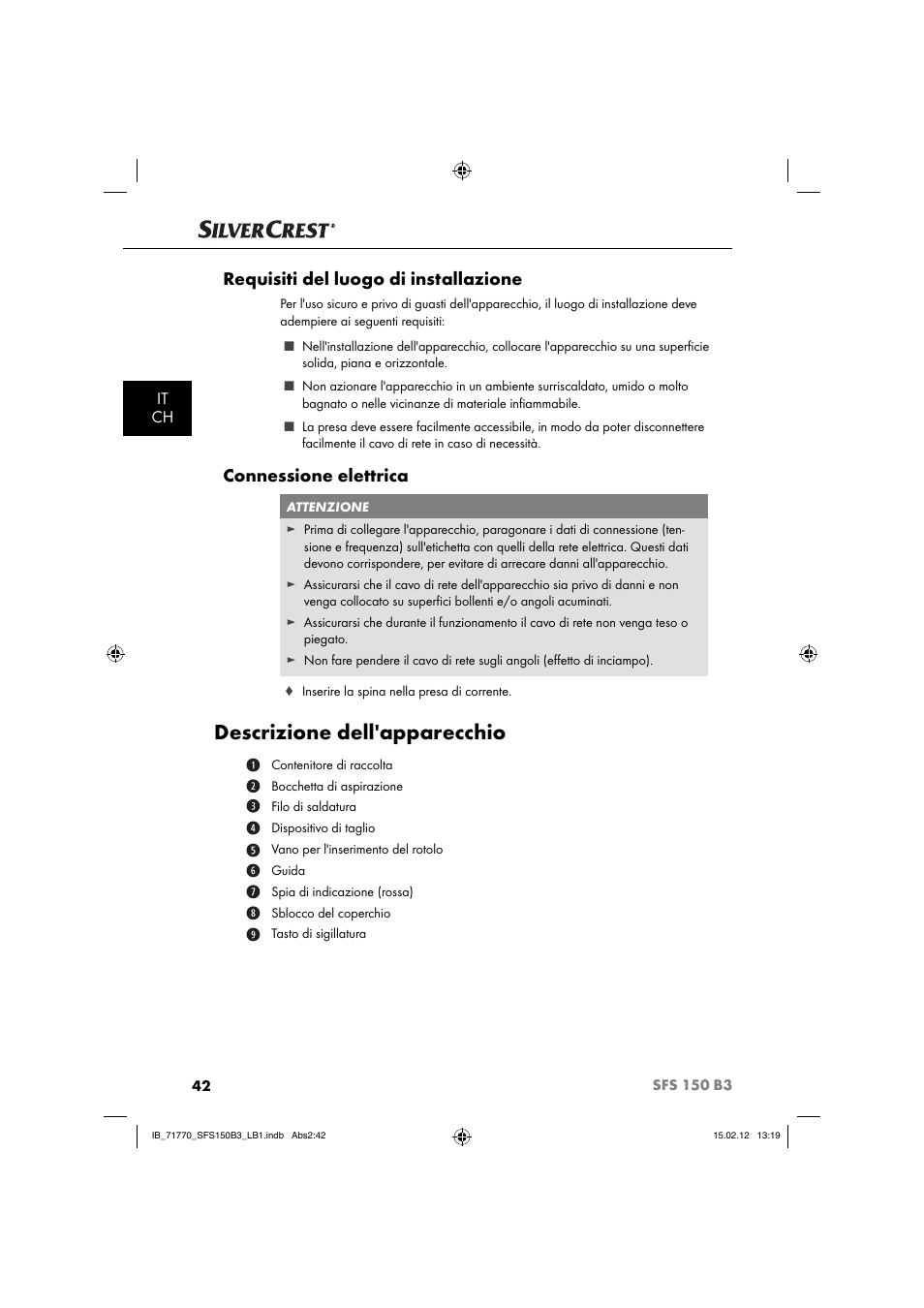 Descrizione dell'apparecchio, Requisiti del luogo di installazione, Connessione elettrica | It ch | Silvercrest SFS 150 B3 User Manual | Page 44 / 86