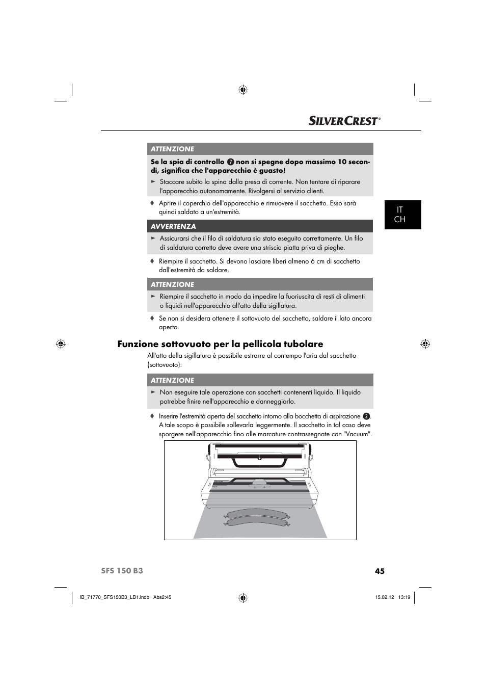 Funzione sottovuoto per la pellicola tubolare, It ch | Silvercrest SFS 150 B3 User Manual | Page 47 / 86