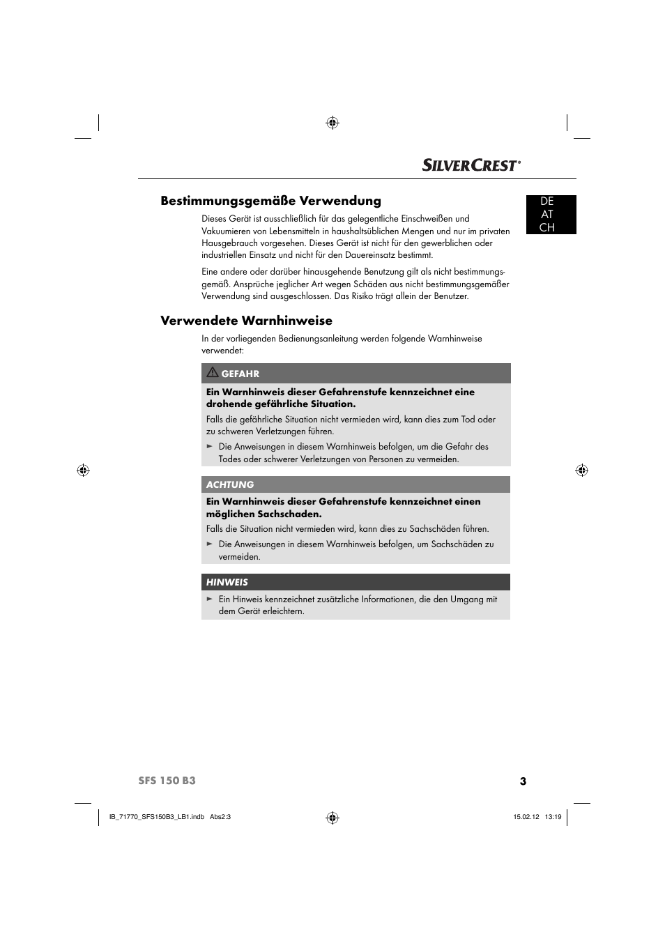 Bestimmungsgemäße verwendung, Verwendete warnhinweise, De at ch | Silvercrest SFS 150 B3 User Manual | Page 5 / 86