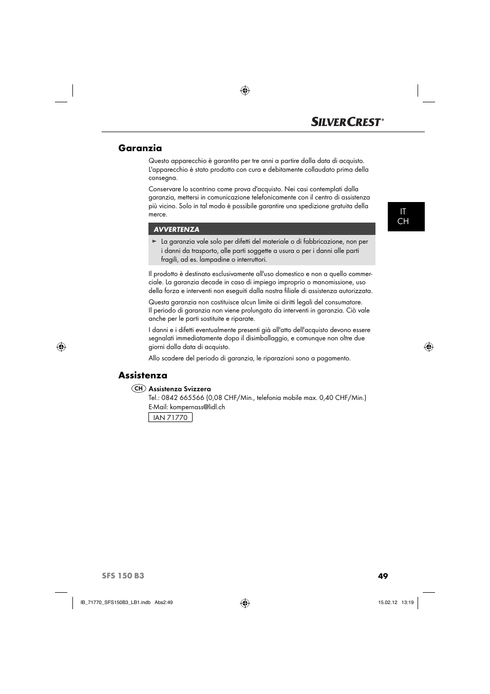 Garanzia, Assistenza, It ch | Silvercrest SFS 150 B3 User Manual | Page 51 / 86