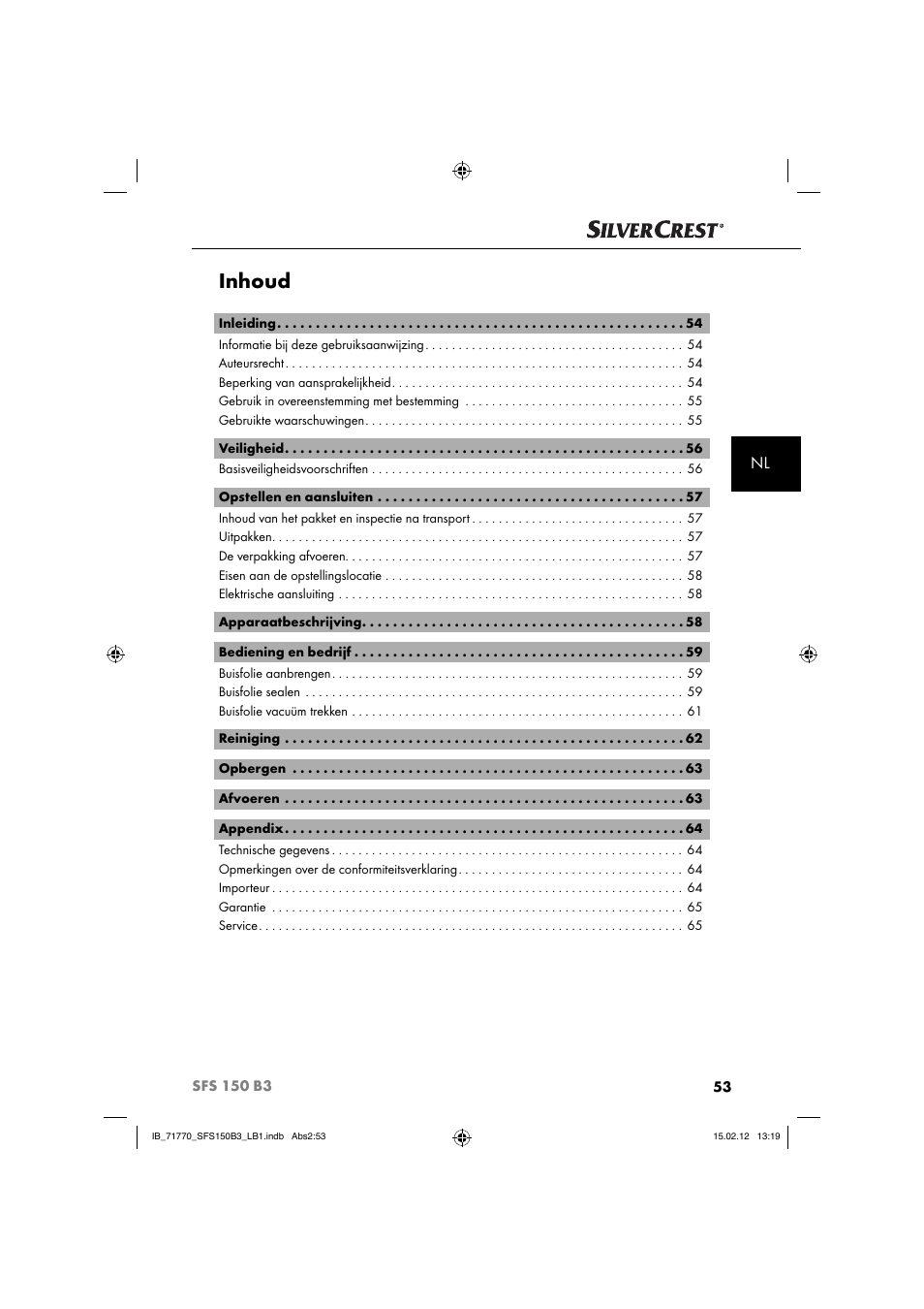 Inhoud | Silvercrest SFS 150 B3 User Manual | Page 55 / 86