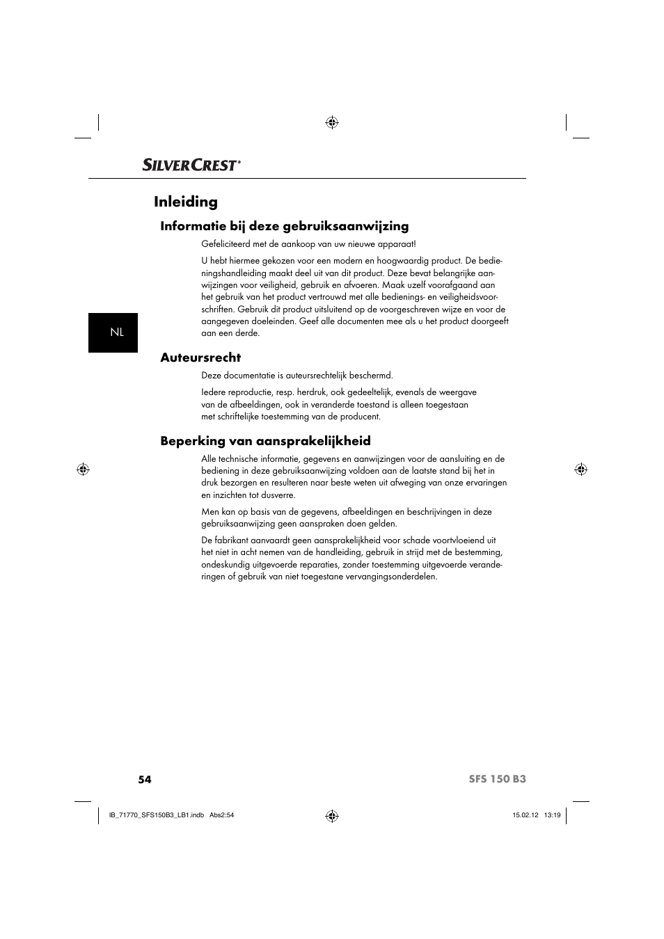 Inleiding, Informatie bij deze gebruiksaanwijzing, Auteursrecht | Beperking van aansprakelijkheid | Silvercrest SFS 150 B3 User Manual | Page 56 / 86