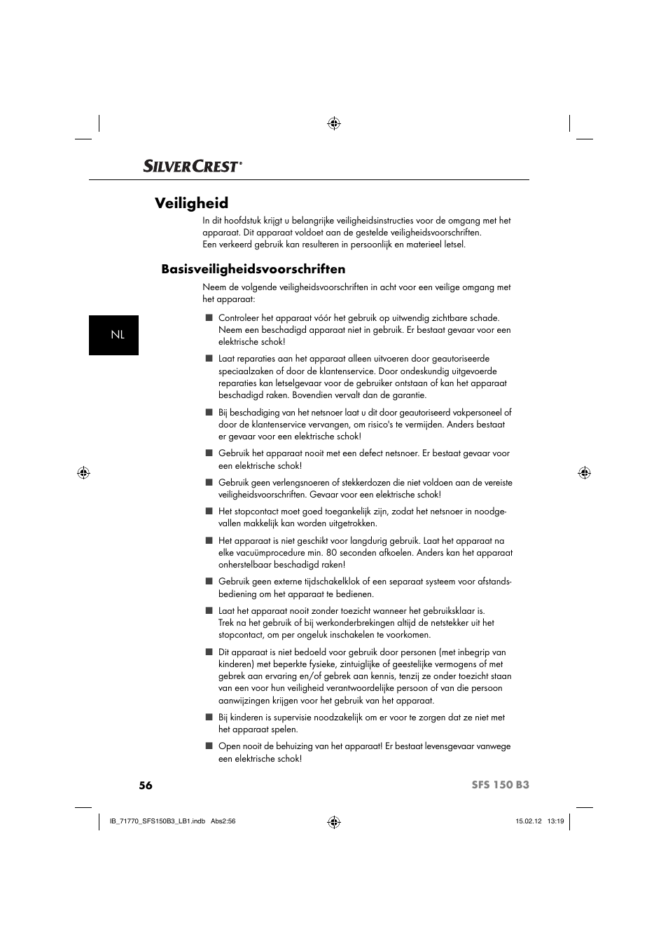 Veiligheid, Basisveiligheidsvoorschriften | Silvercrest SFS 150 B3 User Manual | Page 58 / 86