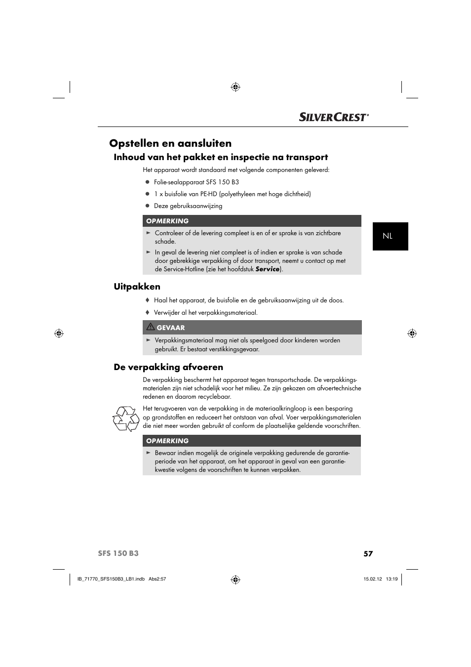 Opstellen en aansluiten, Inhoud van het pakket en inspectie na transport, Uitpakken | De verpakking afvoeren | Silvercrest SFS 150 B3 User Manual | Page 59 / 86
