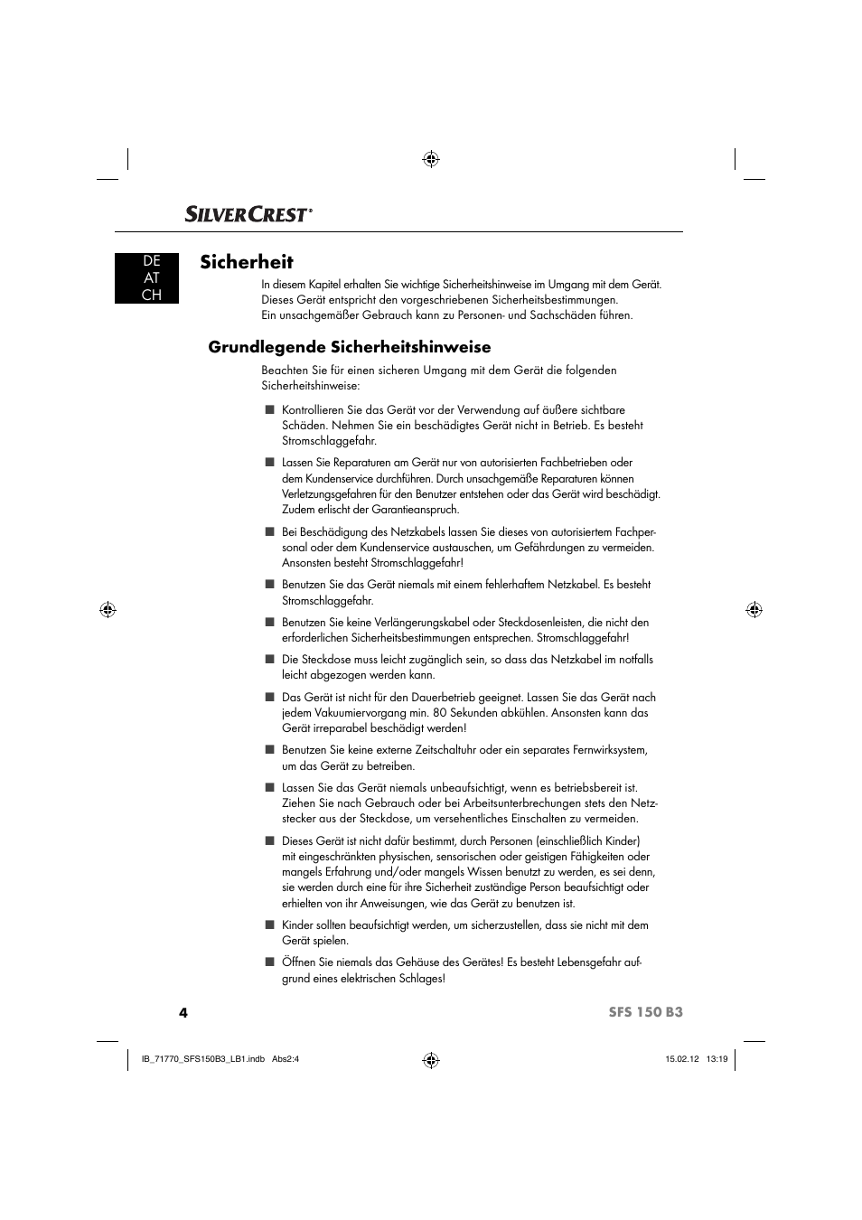 Sicherheit, Grundlegende sicherheitshinweise, De at ch | Silvercrest SFS 150 B3 User Manual | Page 6 / 86